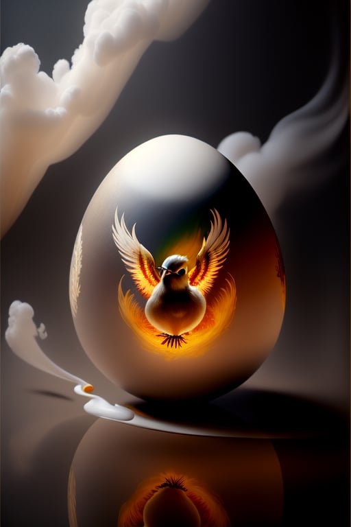 Masterpiece, realistic, (one baby chinese phoenix bird inside translucent egg),  (white smoke around egg), full body ,stunning beauty, hyper-realistic oil painting, vibrant colors, dark chiarascuro lighting, a telephoto shot, 1000mm lens, f2,8,Vogue,more detail,,Digital painting 