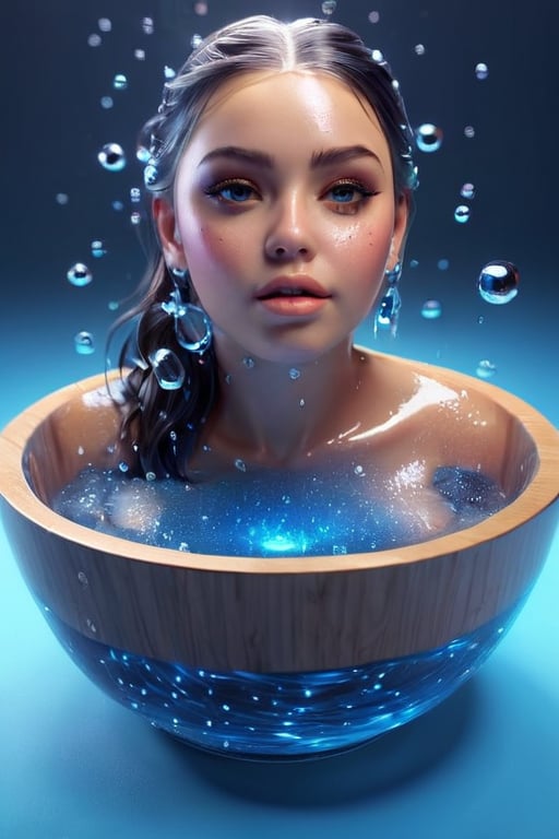 Masterpiece, realstic, a beautiful girl in a bowl of water with water bubbles, 3 d illustration, depicted as a 3 d render, stuck, trend on behance 3d art, trend on behance 3 d art, water manipulation photoshop, 