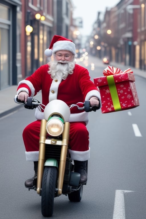 1 woman,  wear santa costume,  (((riding  toy motor vehicle))),  carries presents over her shoulder,  ride at empty street.