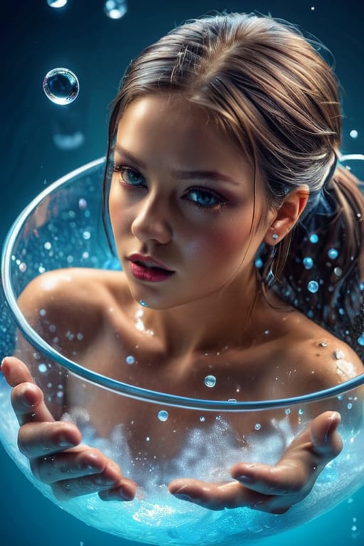 Masterpiece, realstic, a beautiful girl in a bowl of water with water bubbles, full body, 3 d illustration, depicted as a 3 d render, stuck, trend on behance 3d art, trend on behance 3 d art, water manipulation photoshop, 