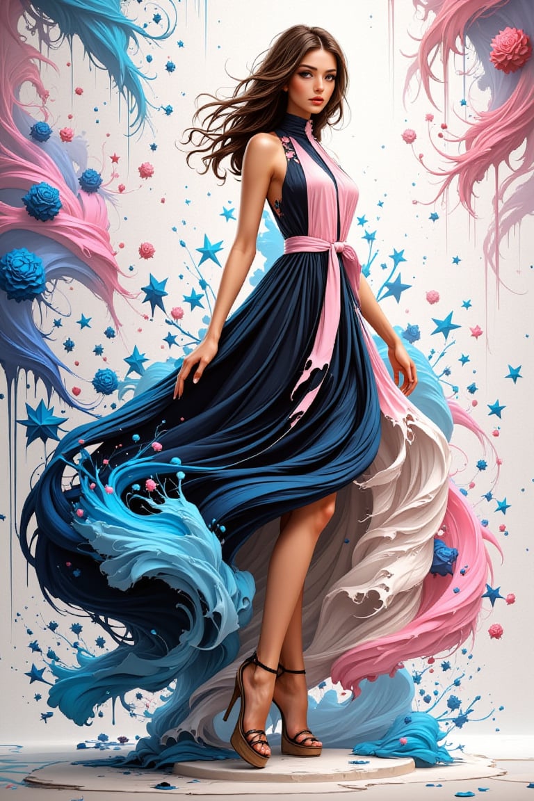 1girl, beautiful, half body view, ink bubbles in background, she dances in a sea of inky stars, looking at viewer, dynamic pose, ink rain, stunning image, ink smoke, digital art, professional style, ((masterpiece quality)), ink droplets, attractive image. Ink art style.,