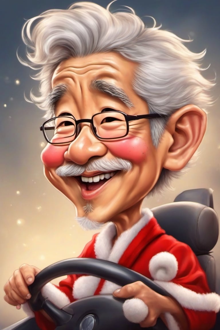 Miyazaki cartoon style,One young and handsome santa clause ,and  driving a  small spots car, PECaricature