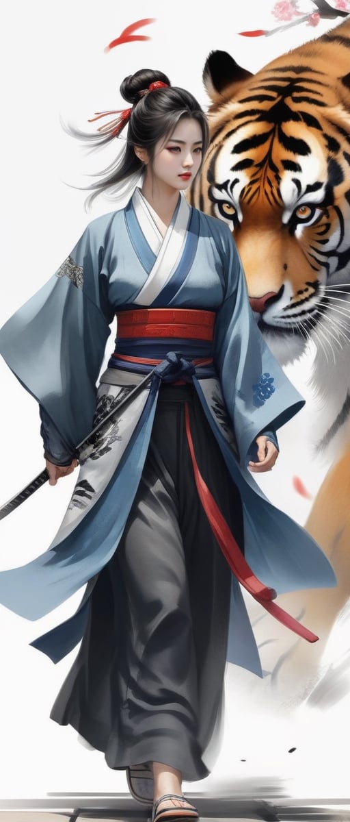 Masterpiece, realistic ,1 japanese female samurai  walking with tiger , half body view, Guviz-style artwork, by Yang J, Guviz, Digital anime illustration, Detailed digital anime art, By Li Song, author：Chen Lin, By Ni Tian, Palace , A girl in Hanfu, trending on cgstation, 8K high quality detailed art, Chinese watercolor style, Chinese painting style, Chinese style painting, Traditional Chinese Ink Painting, Traditional Chinese painting, ,wgz_style,midjourney portrait,Chinese ink painting,ink wash painting,xuer Ancient Chinese armor,ancient_beautiful,Chinese style,chinese_painting