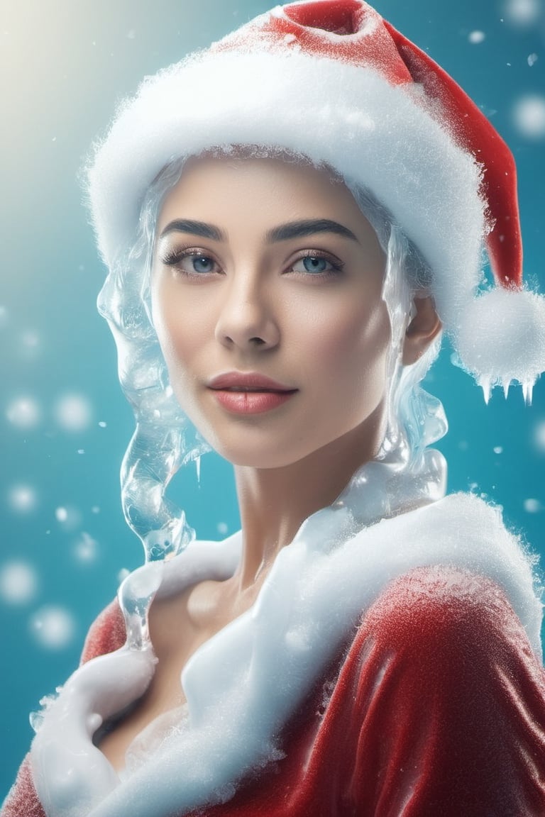  One lady, beautiful, wear santa costume, santa hat,half body,  blue background, realistic,Snow,ice and water,ice