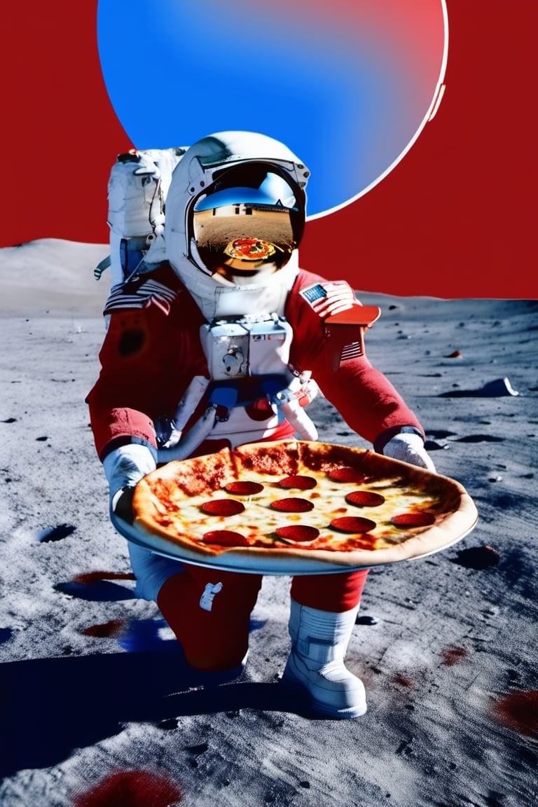 an astronaut holding a pizza, christmas decoration on pizza, ( red astronaut costume),    photo of the mission Apollo :1.2, apollo_style , blue sky , space art , sci-fi , outher space,apollo_style