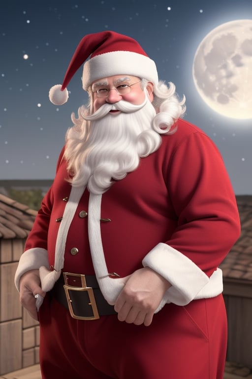 Q version of Santa Claus,Cute and cute,hunchback、chubbiness,Carry a large pocket,the roof,chimneys,Huge moon background,depth of fields,a work of art,ultra - detailed,4K分辨率,high high quality,电影灯光,High picture detail,Detailed pubic hair,epic graphics