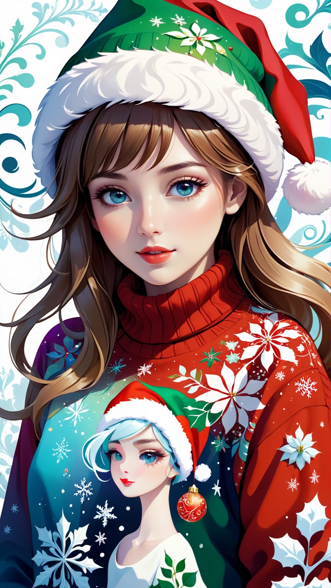 Grunge art gradient, abstract fantasy illustration featuring striking girl wearing a Christmas pullover, wearing santa hat, endearing Christmas character, immaculate facial features embraced by winter flowers, snowberries, superimposed on white background adorned with colorful arabesque, swirls, dainty and intricate details, double exposure technique creating mesmerizing composition imbued with mystery, intrigue, single spiral helix, fragmented, layered textures, ripple, shattered effects evoking illusion, disturbance, ephemerality, elusiveness,Realistic