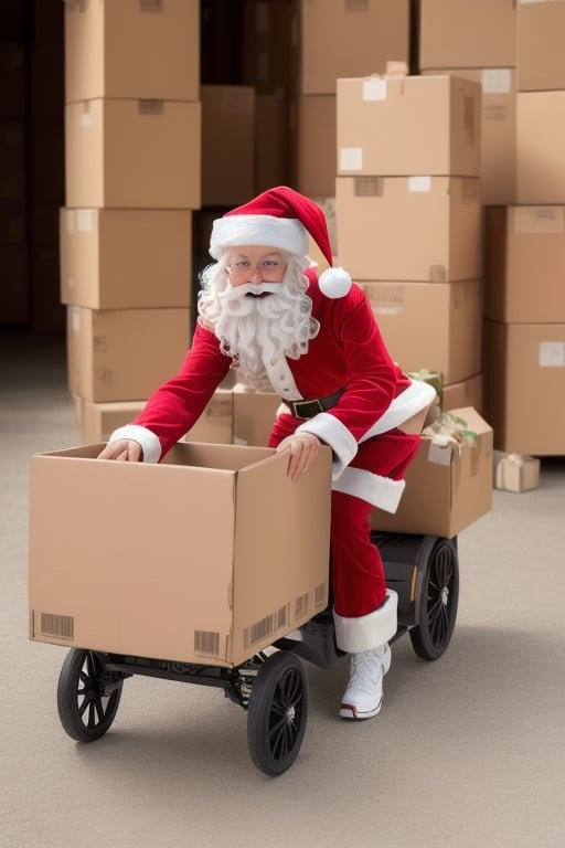 Masterpiece, high resolution  , ((1 santa girl driving a cardboard box with wheels)) ,santa girl inside cardboard,  luz natural, Calidad realista, natural  lighting, piso reflectante, Oil artwork,