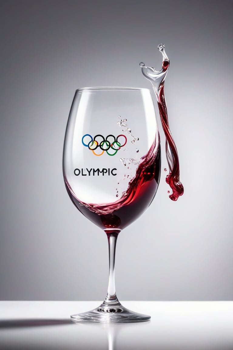 Realistic, A glass with wine shaking, wine spills, red wine,(( olympic logo in the glass)),  white backgound, ( one female athlete figurine next to glass),   text 'olympic' at table, masterpiece, 4K, stunning image,