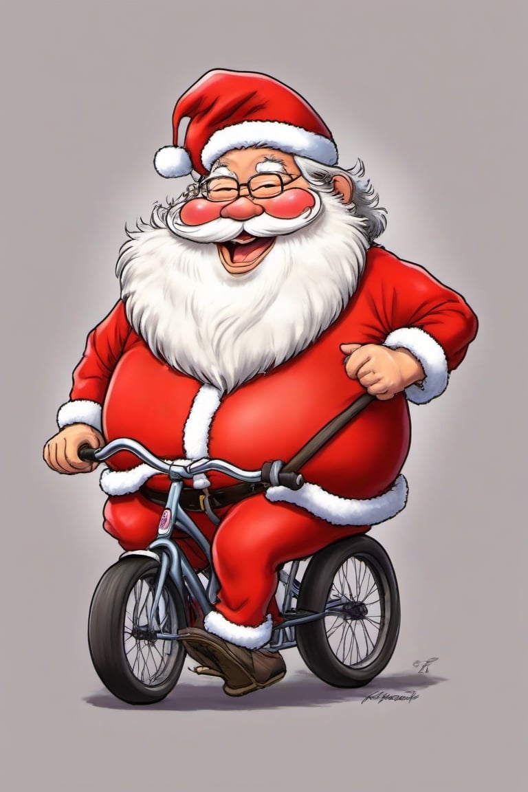 Miyazaki cartoon style,One fat santa clause ,and  driving a  small bicycle, PECaricature