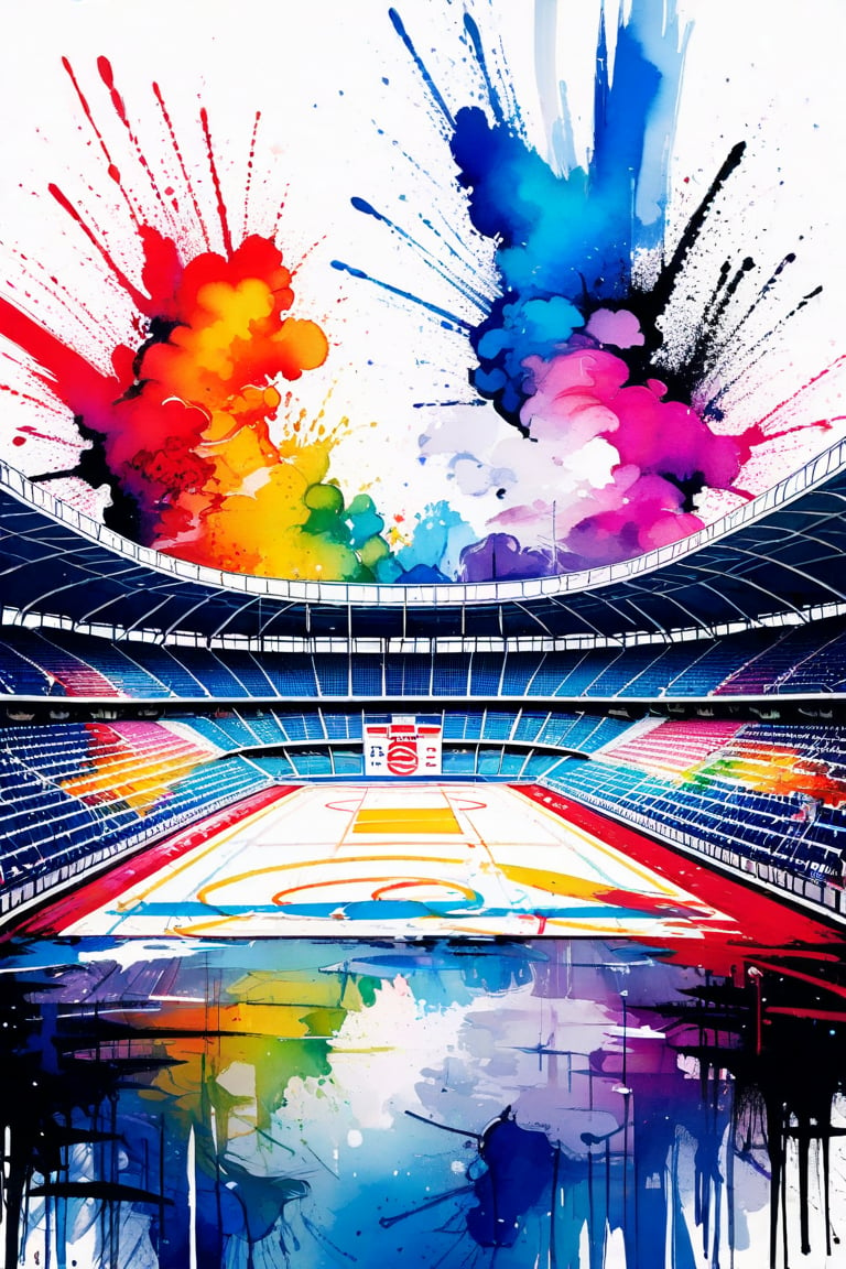 Vibrant ink brushstrokes dance across the canvas as stadion olympic Paris reimagined in a whimsical fine art parody. Olympic logo at foreground, Masterpiece-quality strokes and shading bring absurdity to life, creating an incredible artwork that defies expectations.