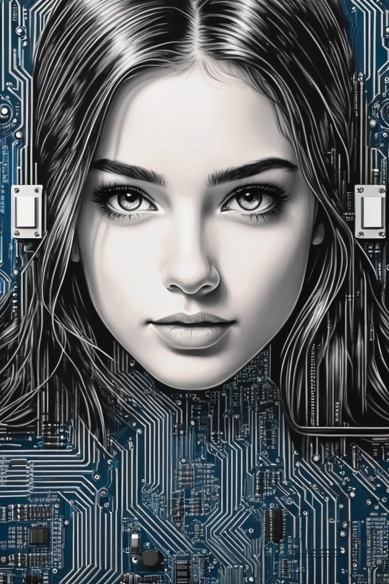 Masterpiece, realistic, circuit diagram art, girl drawn with a circuit diagram,circuit board, resistor, chip, processor intel, LSI,DonMC1rcu17Pl4nXL