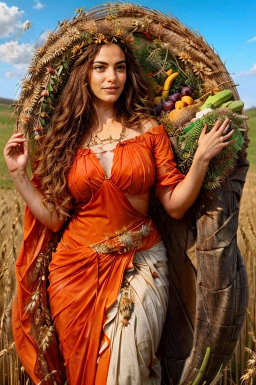 Art nouveau illustration of 1girl, the goddess of harvest, Demeter, standing tall amidst golden fields of wheat and barley. Her flowing robes are the color of ripe wheat, adorned with intricate patterns of golden grain and vibrant fruits. Her hair cascades in waves of chestnut brown, (((crowned with a wreath of wildflowers and wheat sheaves))). In her hands, (((she holds a cornucopia overflowing with an abundance of fruits, vegetables, and grains))), symbolizing the earth's fertility and generosity under her divine protection. Blue sky in the background, portrait, sparkling beautiful eyes, blue eyes, blonde hair, flowers, elaborate scene style, glitter, orange, realistic style, 8k,exposure blend, medium shot, bokeh, (hdr:1.4), high contrast, (cinematic, dark orange and white film), (muted colors, dim colors, soothing tones:1.3), low saturation, (hyperdetailed:1.2), perfect hands, perfect fingers, photorealistic, cinematic and dramatic back lighting. Alfons Mucha style,art_booster,photo r3al,Masterpiece,Fap_5!5,Ava