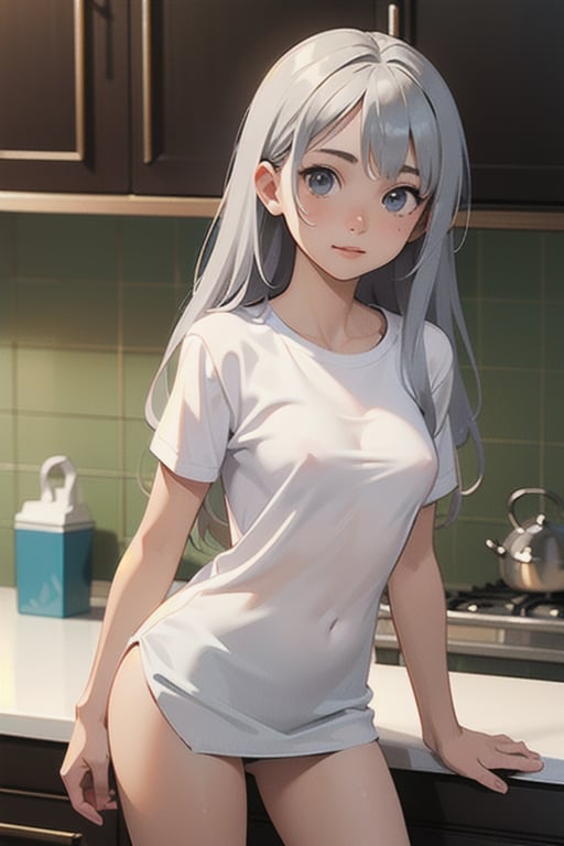 highres,(best quality),incredibly detailed,kitchen,1girl,anime,looking at viewer,(highly detailed face),long silver hair,standing,white shirt,no pants,see-through,medium breasts,perky breasts,covered nipples