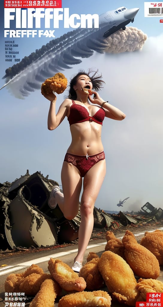 ((masterpiece)),((best quality)), 8k, full body shot, (girl:1),high detailed, ultra-detailed, alternate hair length, sweating,wet,((underwear :1.2)) , lace bra,thong panties, running (( eating fried chicken:1.2)) , biggest breasts, beautiful breasts , plump, ((typhoon is coming:1)),((plane crashing in background:1.5)) , magazine cover 