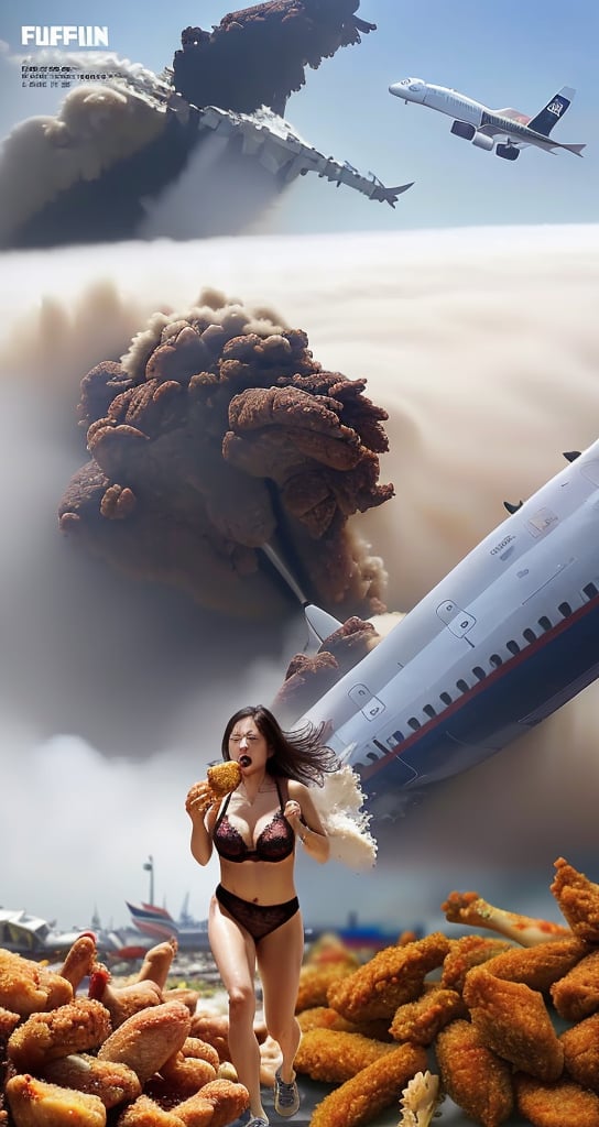 ((masterpiece)),((best quality)), 8k, full body shot, (girl:1),high detailed, ultra-detailed, alternate hair length, sweating,wet,((underwear :1.2)) , lace bra,thong panties, running (( eating fried chicken:1.2)) , biggest breasts, beautiful breasts , plump, ((typhoon is coming:1)),((plane crashing in background:1.5)) , magazine cover 