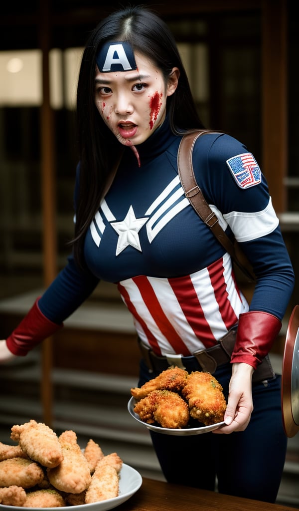 Chinese zombie fight captain America , bleeding all face , eating fried chicken , enormous breasts, beautiful breasts 