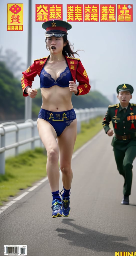 ((masterpiece)),((best quality)), 8k, full body shot,high detailed, ultra-detailed, ((Taiwan Marines uniform:1.2)) , lace bra,thong panties, ((running and eating fried chicken:1)) , biggest breasts, beautiful breasts , plump, ((Chinese People's Liberation Army is running in background:1.5)) , magazine cover 