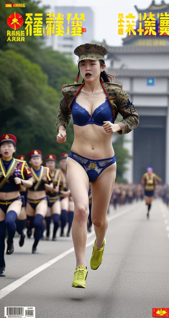 ((masterpiece)),((best quality)), 8k, full body shot,high detailed, ultra-detailed, ((Taiwan Marines uniform:1.2)) , lace bra,thong panties,eating fried chicken , biggest breasts, beautiful breasts , plump, ((Chinese People's Liberation Army is running in background:1.5)) , magazine cover 