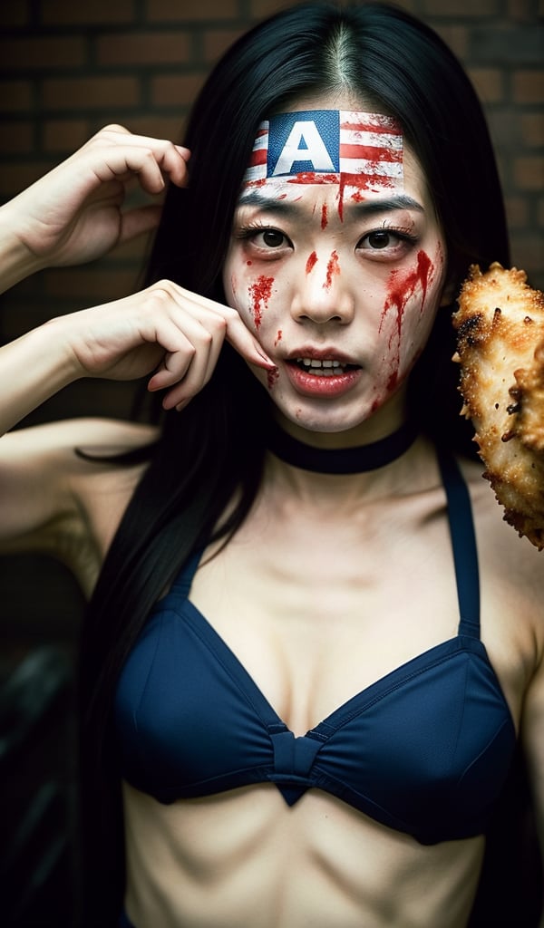 Chinese zombie fight captain America , bleeding all face , eating fried chicken 