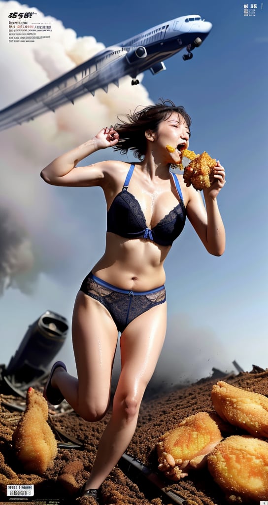 ((masterpiece)),((best quality)), 8k, full body shot, (girl:1),high detailed, ultra-detailed, alternate hair length, sweating,wet,((underwear :1.2)) , lace bra,thong panties, running (( eating fried chicken:1.2)) , biggest breasts, beautiful breasts , plump, ((typhoon is coming:1)),((plane crashing in background:1.5)) , magazine cover 