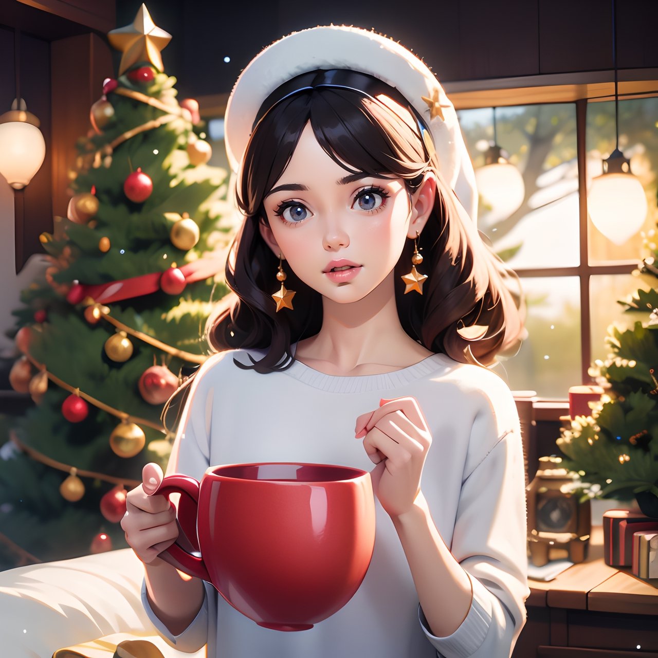 A ANIMATED STAR WITH A MUG HATTING CHRISMAS