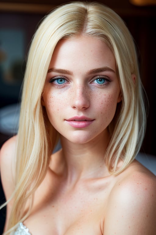 blond girl, freckles: 0.2, attractive, ultra detailed realistic illustration, detailed beautiful face, full body view, dreamy, glowing, backlit, glamour, shimmer, shadows, strokes, smooth, ultra high definition, 8k, unreal engine 5, ultra sharp focus, highly detailed, vibrant, cinematic production character rendering, very high quality model, full body, hyper detailed photography, soft light, ultra detailed, immensely attractive, extremely appealing, caring and playful expressions, detailed face, detailed eyes, mesmerizing beauty, Beautiful silk nightwear, gorgeous bedroom, show full body, sitting down