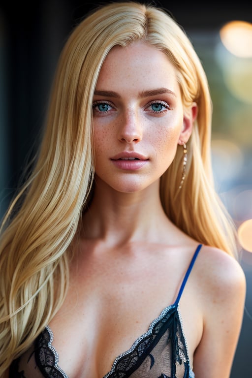 blond girl, freckles: 0.2, attractive, ultra detailed realistic illustration, detailed beautiful face, full body view, dreamy, glowing, backlit, glamour, shimmer, shadows, strokes, smooth, ultra high definition, 8k, unreal engine 5, ultra sharp focus, highly detailed, vibrant, cinematic production character rendering, very high quality model, full body, hyper detailed photography, soft light, ultra detailed, immensely attractive, extremely appealing, caring and playful expressions, detailed face, detailed eyes, mesmerizing beauty, Beautiful Silk nightwear, show full body, standing