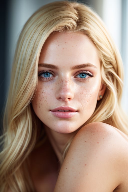 blond girl, freckles: 0.2, attractive, ultra detailed realistic illustration, detailed beautiful face, full body view, dreamy, glowing, backlit, glamour, shimmer, shadows, strokes, smooth, ultra high definition, 8k, unreal engine 5, ultra sharp focus, highly detailed, vibrant, cinematic production character rendering, very high quality model, full body, hyper detailed photography, soft light, ultra detailed, immensely attractive, extremely appealing, caring and playful expressions, detailed face, detailed eyes, mesmerizing beauty, Beautiful silk nightwear, gorgeous bedroom, show full body, sitting down