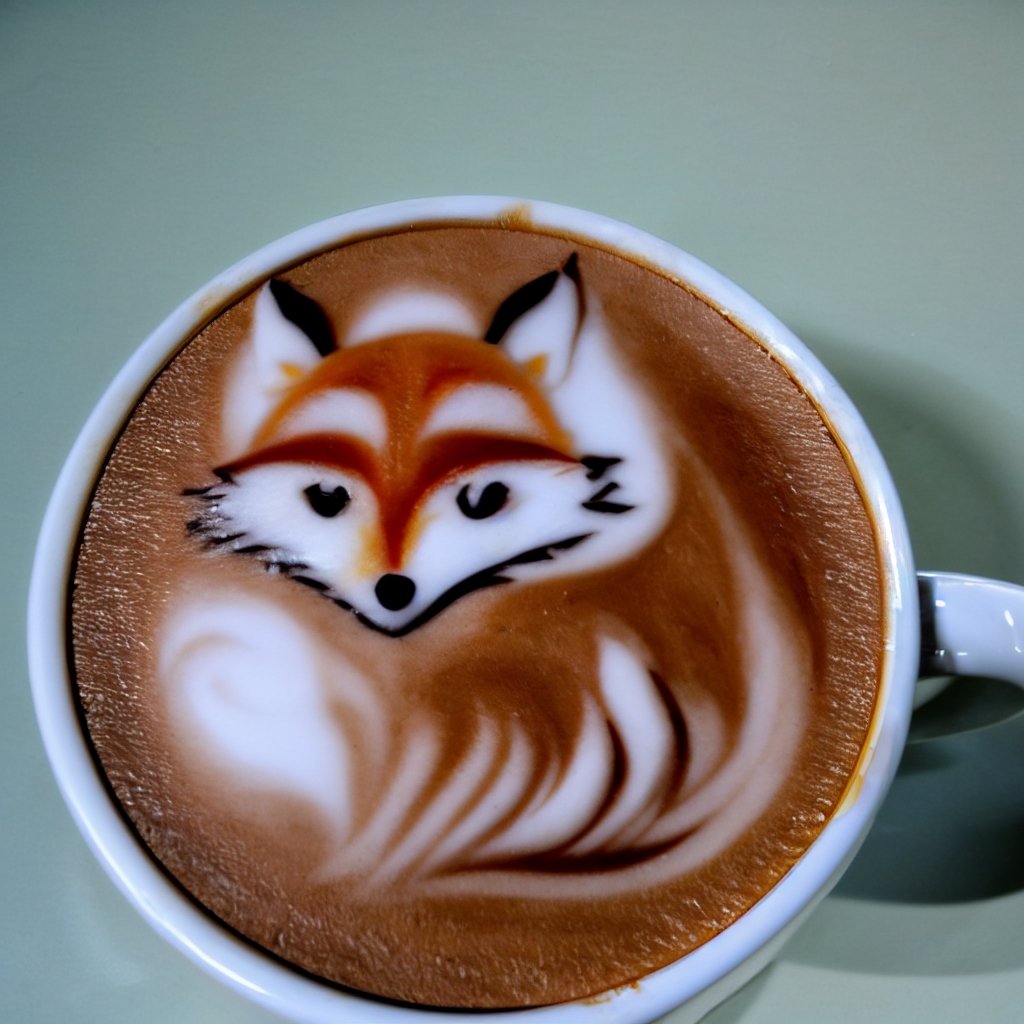Highly detailed, High Quality, Masterpiece, beautiful, coffee, latte, LatteArt, latte art, food art, LatteArt, fox