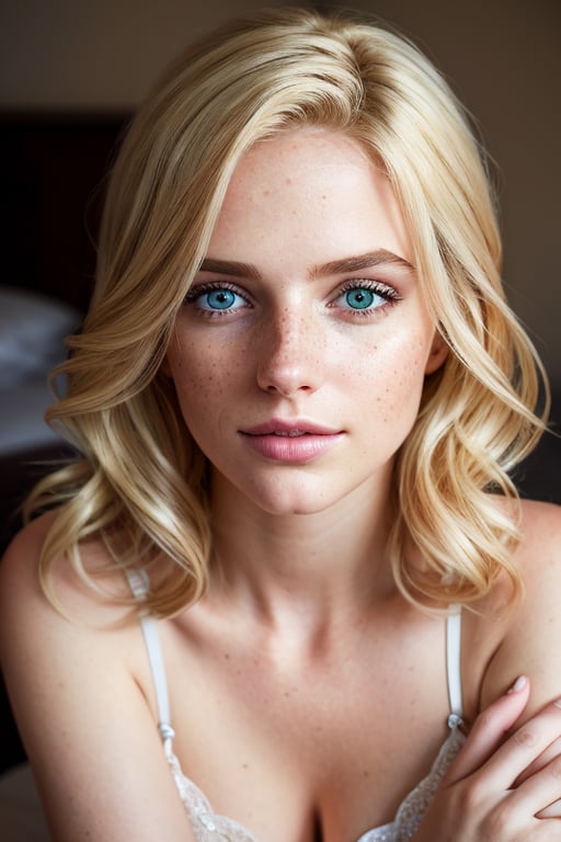 blond girl, freckles: 0.2, attractive, ultra detailed realistic illustration, detailed beautiful face, full body view, dreamy, glowing, backlit, glamour, shimmer, shadows, strokes, smooth, ultra high definition, 8k, unreal engine 5, ultra sharp focus, highly detailed, vibrant, cinematic production character rendering, very high quality model, full body, hyper detailed photography, soft light, ultra detailed, immensely attractive, extremely appealing, caring and playful expressions, detailed face, detailed eyes, mesmerizing beauty, Beautiful silk nightwear, gorgeous bedroom, show full body, sitting down