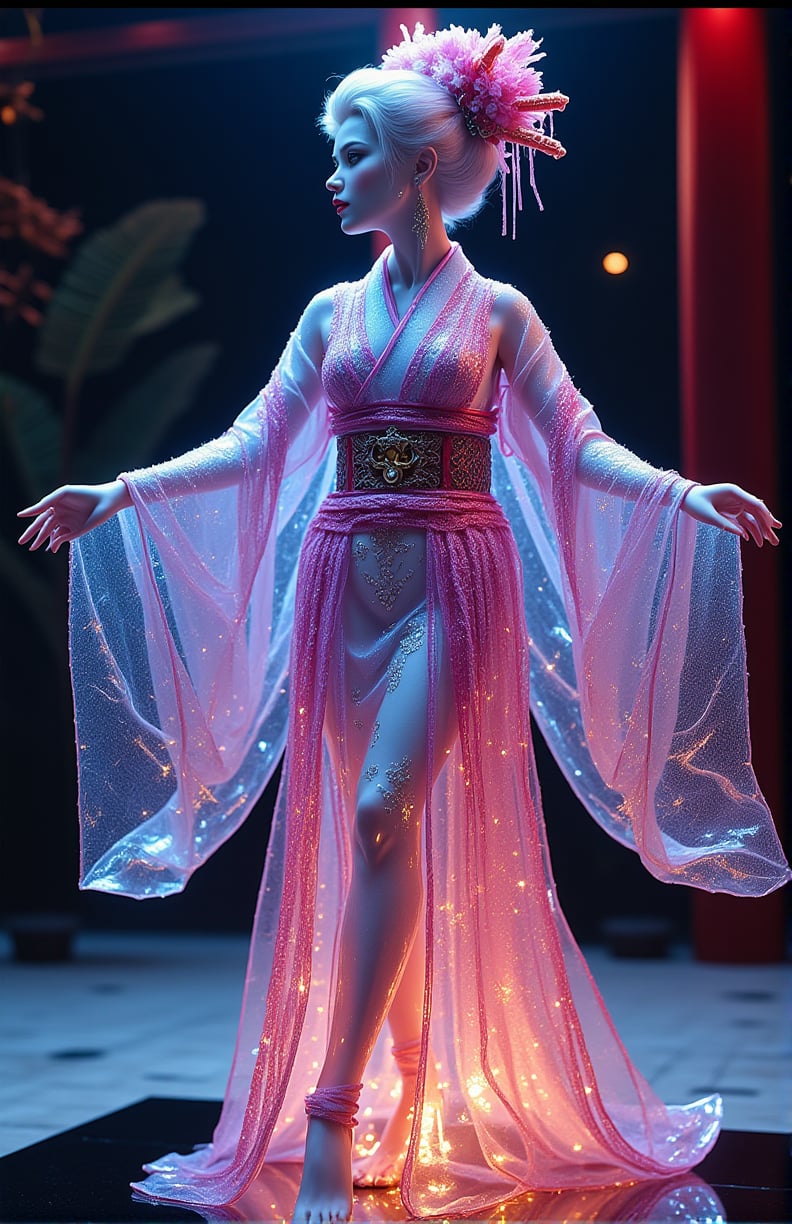 ultra Realistic,Extreme Detailed,beautiful Prism light,stardust,rainbow-colored light,
Glass made ultra Detailed transparent oiran Girl,ultra transparent,wearing luxury high-tech kimono,walk,
dancing oiran 