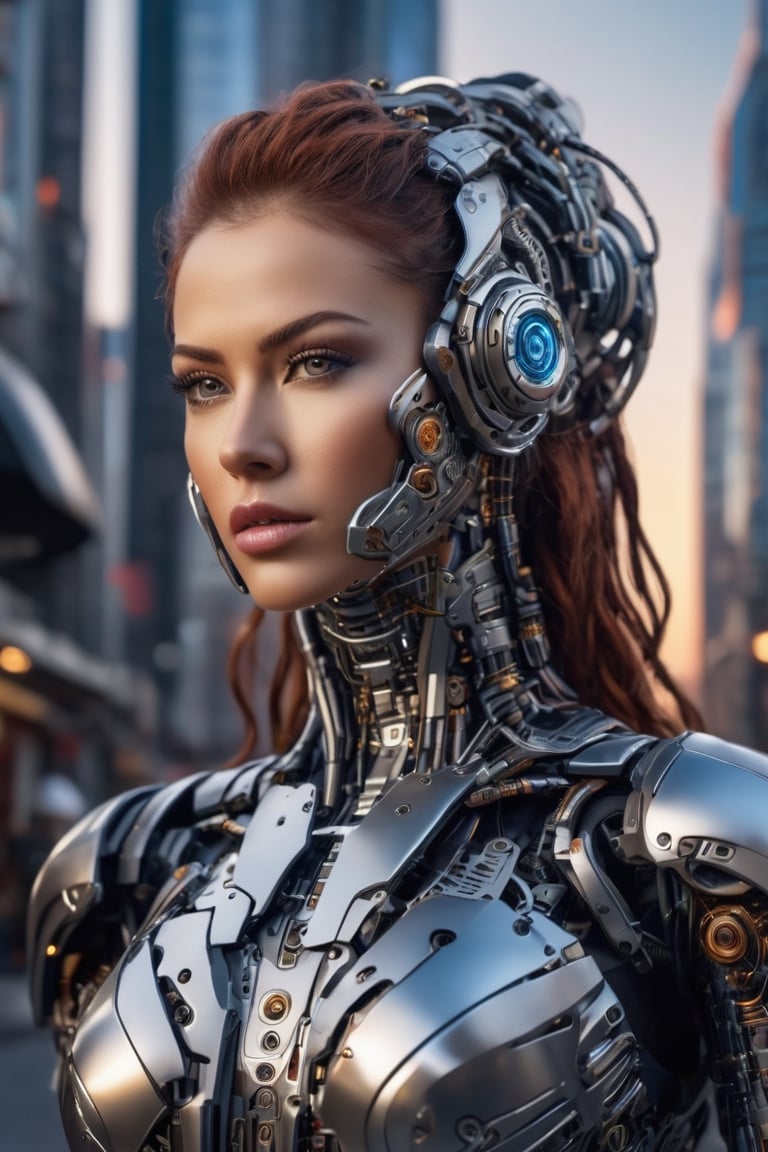 "(((Biomechanical woman with head composed of many highly detailed metal parts, shown in full body looking to the camera)))(((hyper-realistic face)))(((extremely realistic skin detail)))(face with detailed shadows)(masterpiece, highest quality), (realistic, photorealistic:1.9), ((Photoshoot)) Biomechanical woman, machine-like metal body, metal head, attractive with blue eyes, wearing an exoskeleton, on the center of the scene in a futuristic city at sunset. The camera used is a Sony A7R IV with a wide-angle lens to capture the cityscape and emphasize the presence of the woman. "The soft natural lighting of the sunset enhances the details and creates a warm atmosphere. Sharp focus, 8k, UHD, high quality, frown, intricate details, highly detailed, hyper-realistic.",cyborg style,cyborg