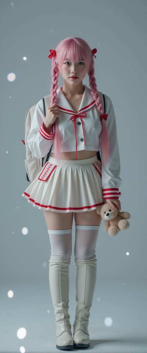 A cinematic reality film scene unfolds: a voluptuous Korean sexy beauty model, with oversized blue eyes and a gorgeous face, stands solo against a grey background. Her long, pink-haired braids are tied with hair bows, adorned with ahoges. She wears a tiny white serafuku uniform with a pleated skirt, thigh-highs, and a red bow on her backpack. In one hand, she holds a teddy bear, while in thigh-high boots. Her detailed features, from blush to navel, are captured in stunning focus against a misty backdrop, as sparks of light dance across her face. The soft lighting and depth of field create a sense of intimacy, drawing the viewer's attention to her smiling, idolic beauty., ct-virtual_jisoo, ct-jissoo