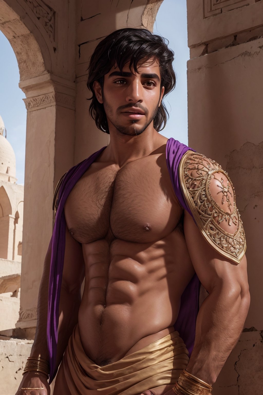 aladdin Mena Massoud, broad shoulders, solo, (hairy chest), nipples, arabian clothes,bulge, daylight, (detailed background), depth of field, intricate details, 8k, detailed skin texture, detailed face, realistic eyes, male focus, photo of a man,