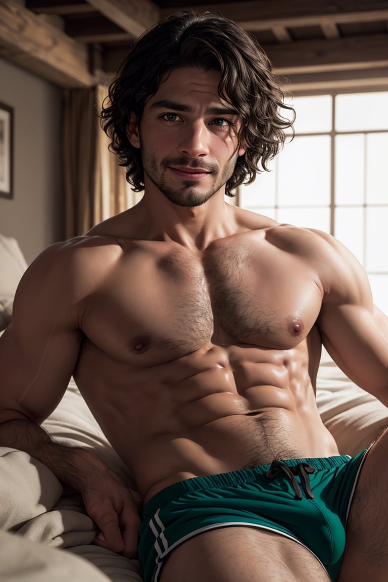 BrunoMadrigal,  1guy,  shirtless,  green eyes,  open sport shorts, bulge, smirk,  laying_down,  bed, masterpiece,  highres,  sharp focus,  cinematic lighting,  detailed face,  detailed eyes, realistic, intricate details, detailed background, depth of field, brown eyes