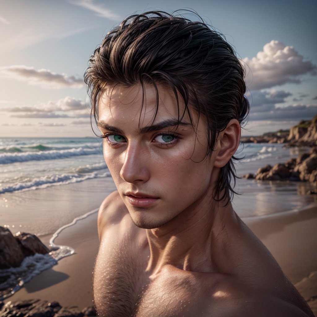 eren_jaeger, young man, 25 years old, muscular, solo, green eyes, looking at viewer, black hair, 1boy, closed mouth, male focus, outdoors, sky, cloud, portrait, sunset, front view, close-up, naked