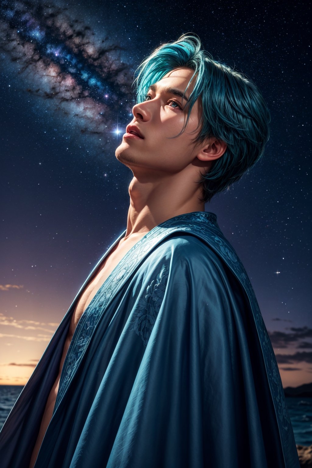 1boy, gorgeous, delicate, blue hair, wearing intricate light blue robe, barefoot, looking up into sky, standing in the middle of the ocean, beautiful aquamarine eyes, sky is galaxy and stars, shooting meteorites, longing, galaxy, nebula, milky way, dynamic pose, bright and vibrant night sky,, best quality, masterpiece, realistic, cinematic composition, (detailed background), depth of field, intricate details, 8k, detailed skin texture, detailed face, realistic eyes, male focus, photo of a man, upper body shot, shirtless, 