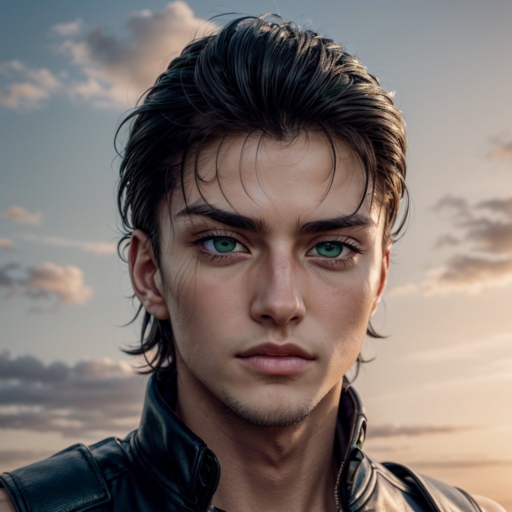 eren_jaeger, young man, 25 years old, muscular, solo, green eyes, looking at viewer, black hair, 1boy, closed mouth, male focus, outdoors, sky, cloud, portrait, sunset, front view, close-up, ,  