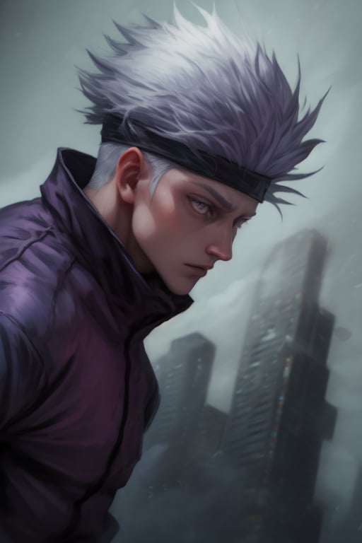 Masterpiece, Solo , 1guy , mature, muscular, Gojo(jujutsu kaisen) , blue vacuum eyes , white hair,  black jujutsu kaisen outfit, fighting pose ,  show abs, dynamic angle , super powers , blue beam , purple beam, glowing purple aura , masterpiece, ultra detailed, anime style, blade runner style , super quality, utopian world, Neo Tokyo ,perfecteyes,SATORU GOJO