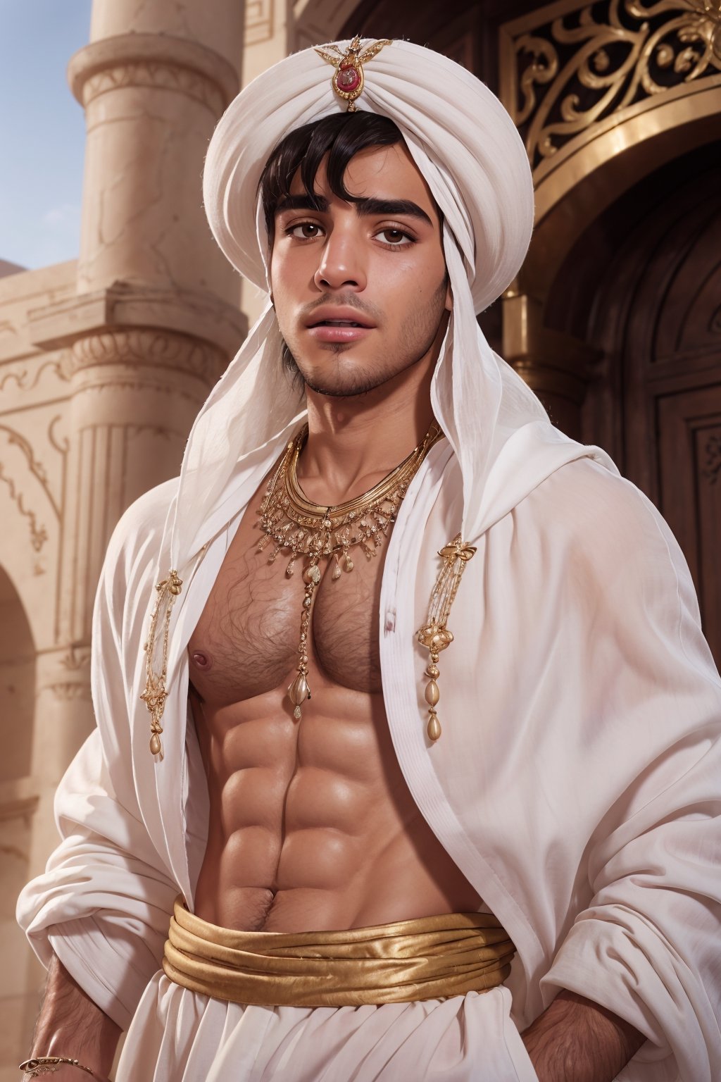 aladdin(prince Ali) Mena Massoud , solo, white turban, white arabian clothes, Gold jewelry, shirtless(hairy chest), daylight, (detailed background), depth of field, intricate details, 8k, detailed skin texture, detailed face, realistic eyes, male focus, photo of a man,