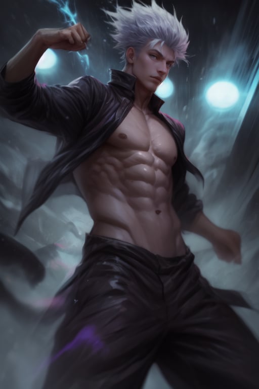 Masterpiece, Solo , 1guy , mature, muscular, Gojo(jujutsu kaisen) , blue vacuum eyes , white hair,  black jujutsu kaisen outfit, fighting pose ,  show abs, dynamic angle , super powers , blue beam , purple beam, glowing purple aura , masterpiece, ultra detailed, anime style, blade runner style , super quality, utopian world, Neo Tokyo ,perfecteyes,SATORU GOJO