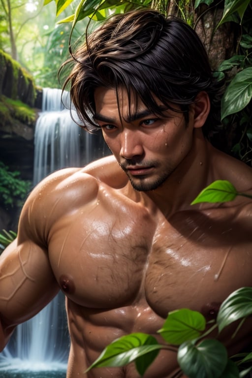 southeast asian man, in a tropical rainforest obscured by trees and plants, sweaty, nude, medium messy hair, looking at viewer, dynamic pose, face portrait, waterfall, vine, ivy, overgrown, penis,, best quality, masterpiece, realistic, cinematic composition, (detailed background), depth of field, intricate details, 8k, detailed skin texture, detailed face, realistic eyes, male focus, photo of a man