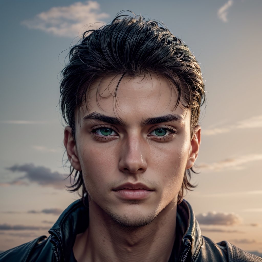 eren_jaeger, young man, 25 years old, muscular, solo, green eyes, looking at viewer, black hair, 1boy, closed mouth, male focus, outdoors, sky, cloud, portrait, sunset, front view, close-up, ,  