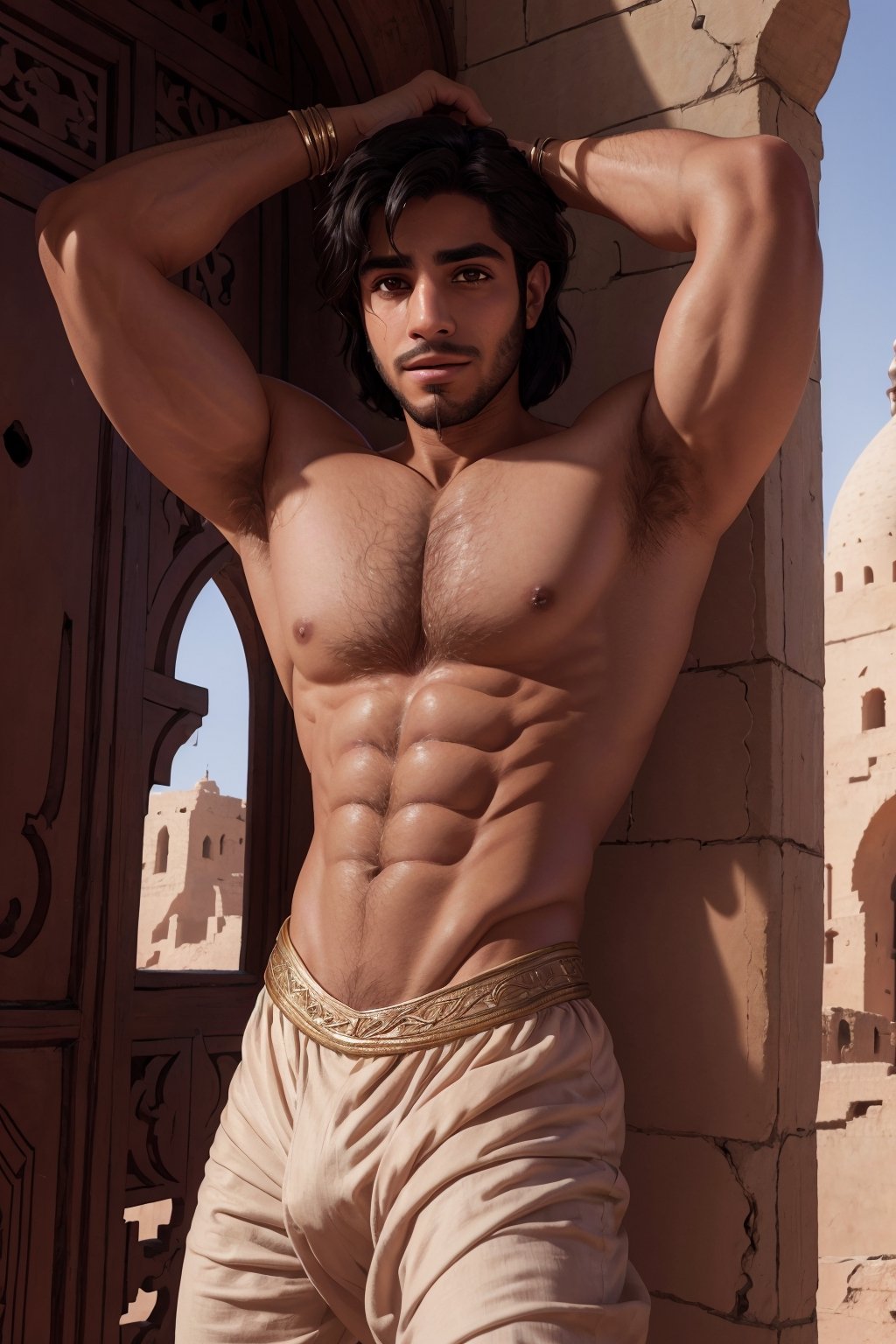 aladdin Mena Massoud, broad shoulders, solo, (hairy chest), nipples, arabian clothes,bulge, daylight, Agrabah, (detailed background), depth of field, intricate details, 8k, detailed skin texture, detailed face, realistic eyes, male focus, photo of a man,