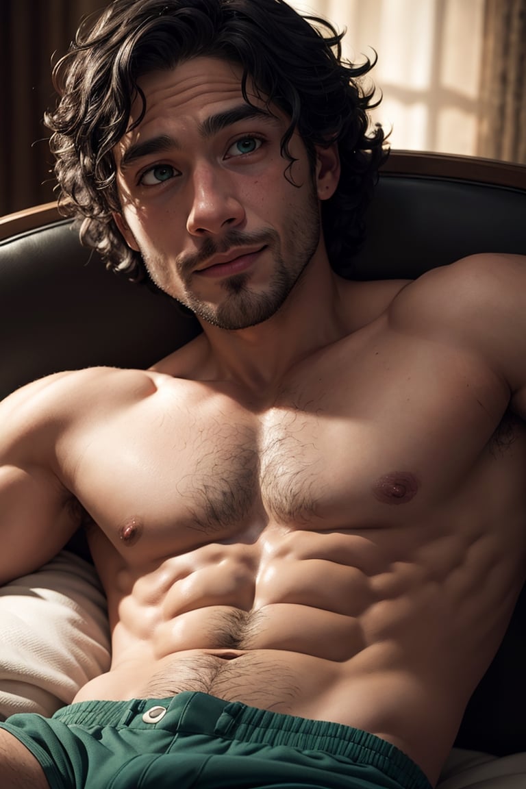 BrunoMadrigal,  1guy,  shirtless,  green eyes,  sport shorts, bulge, smirk,  laying_down,  bed, masterpiece,  highres,  sharp focus,  cinematic lighting,  detailed face,  detailed eyes, realistic, intricate details, detailed background, depth of field,