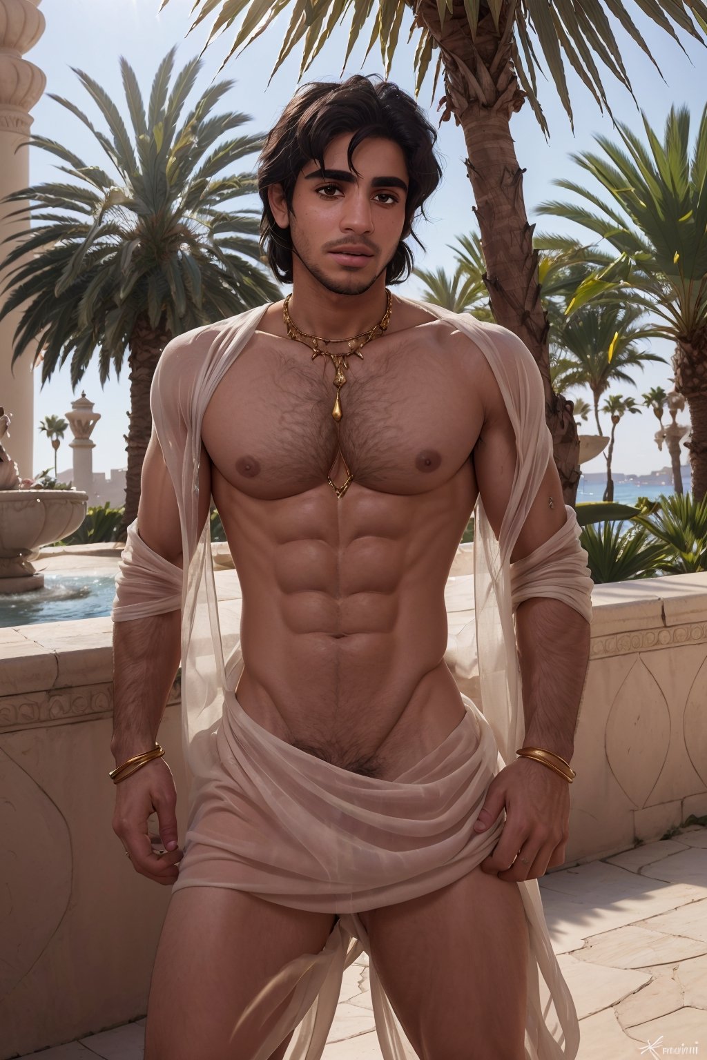 aladdin(prince Ali) Mena Massoud , solo, low rise white arabian clothes(see-through), Gold jewelry, shirtless, hairy chest, daylight, (detailed background), oasis, palm-tree lake, fountain, depth of field, intricate details, 8k, detailed skin texture, detailed face, realistic eyes, male focus, photo of a man,hairy