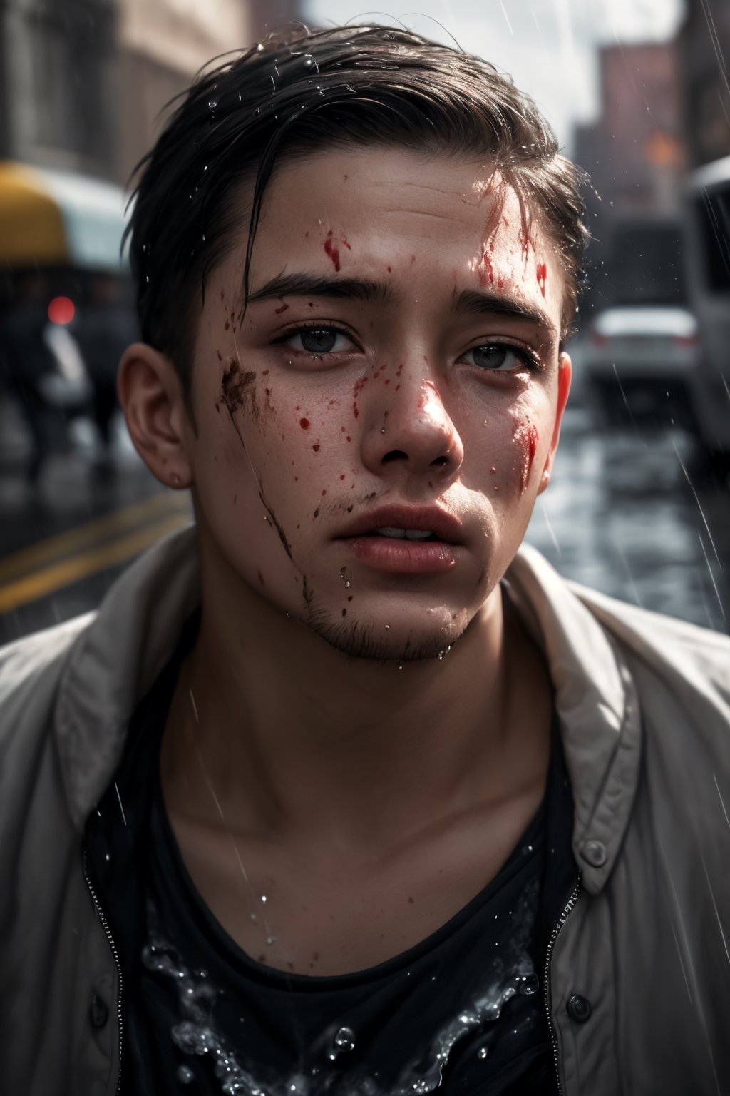 Epic composition, dynamic pose, (masterpiece, best quality), 2boy, 30 year old, chav, rough, dirty, mean, bully, druggie, two boys fist fighting, blood splatter, (streets), rain splashing raindrops puddles, realistic, dramatic lighting, atmospheric, intricate detail, Photorealistic, hyperdetailed, life-like, sharp focus, ((detailed realistic skin, life-like detailed realistic face)),