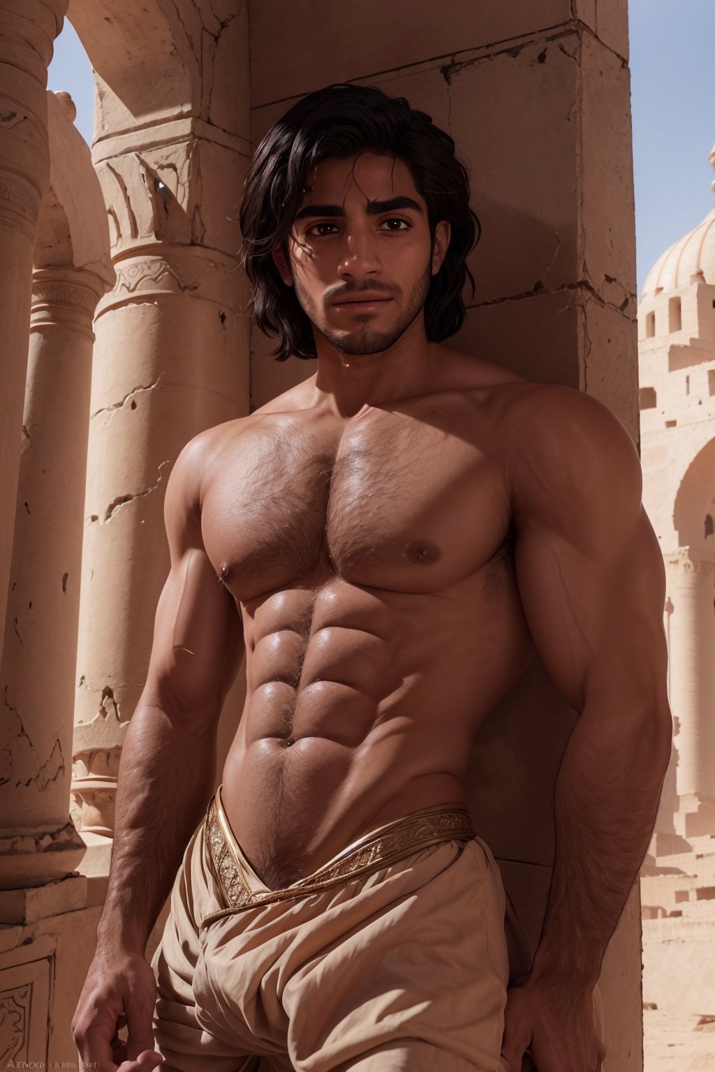 aladdin Mena Massoud, broad shoulders, solo, (hairy chest), nipples, arabian clothes,bulge, daylight, Agrabah, (detailed background), depth of field, intricate details, 8k, detailed skin texture, detailed face, realistic eyes, male focus, photo of a man,