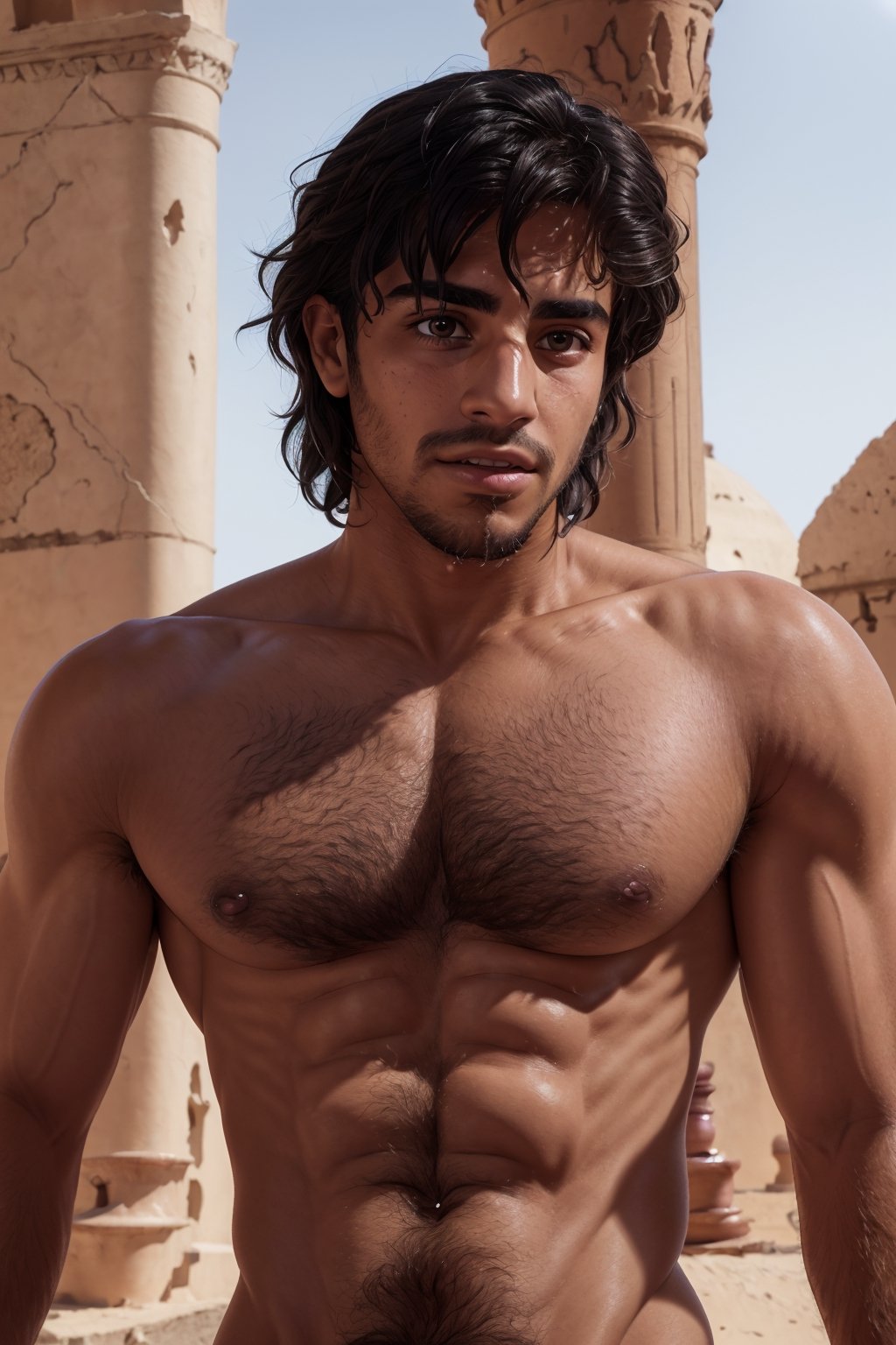 aladdin Mena Massoud, broad shoulders, solo, (hairy chest), nipples, daylight, (detailed background), depth of field, intricate details, 8k, detailed skin texture, detailed face, realistic eyes, male focus, photo of a man,